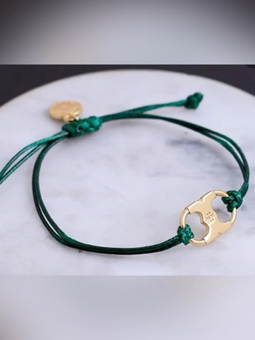 Tory Burch Emerald Green Cord Bracelet with Gold Charm